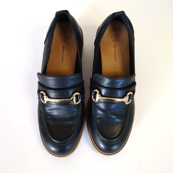 Time and Tru Black Block Heel Slip On Loafers with Gold Accents Size 8 - Picture 4 of 7